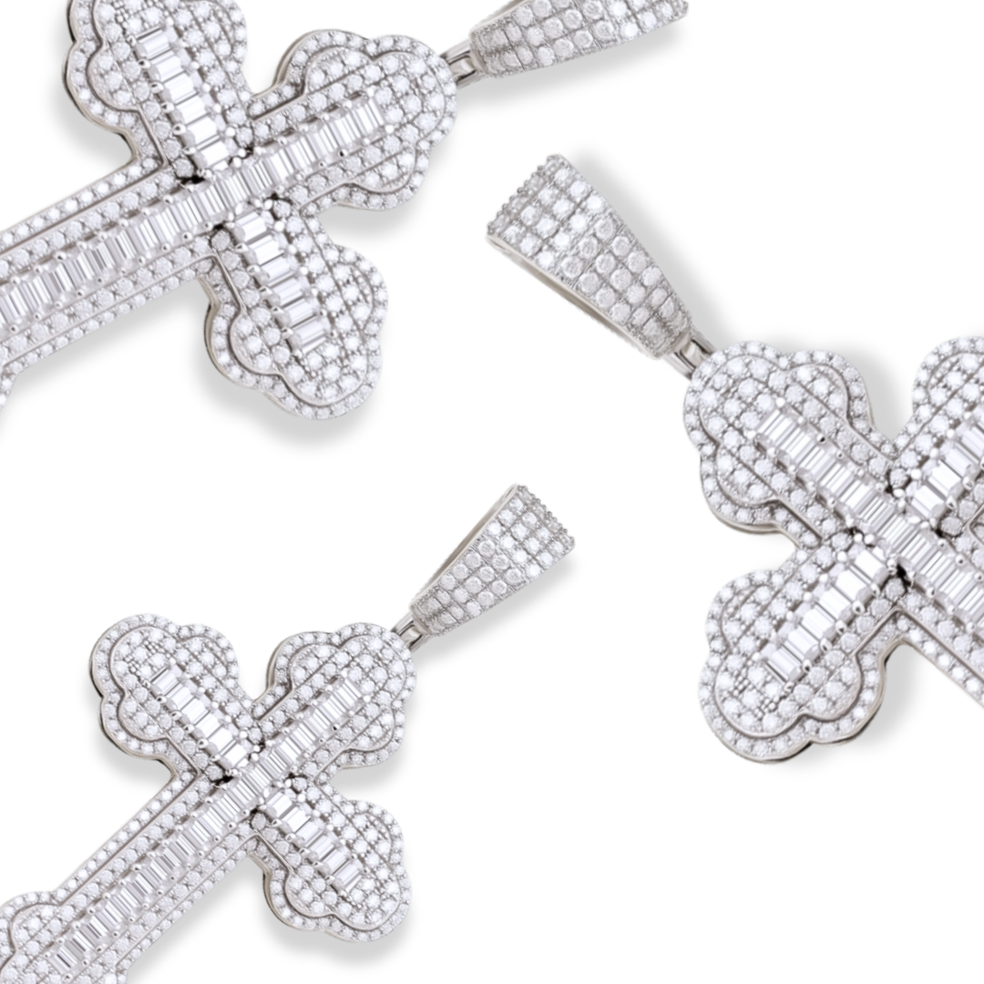 Moissanite Orthodox Cross Pendant - 925 Sterling Silver Baguette Iced Necklace