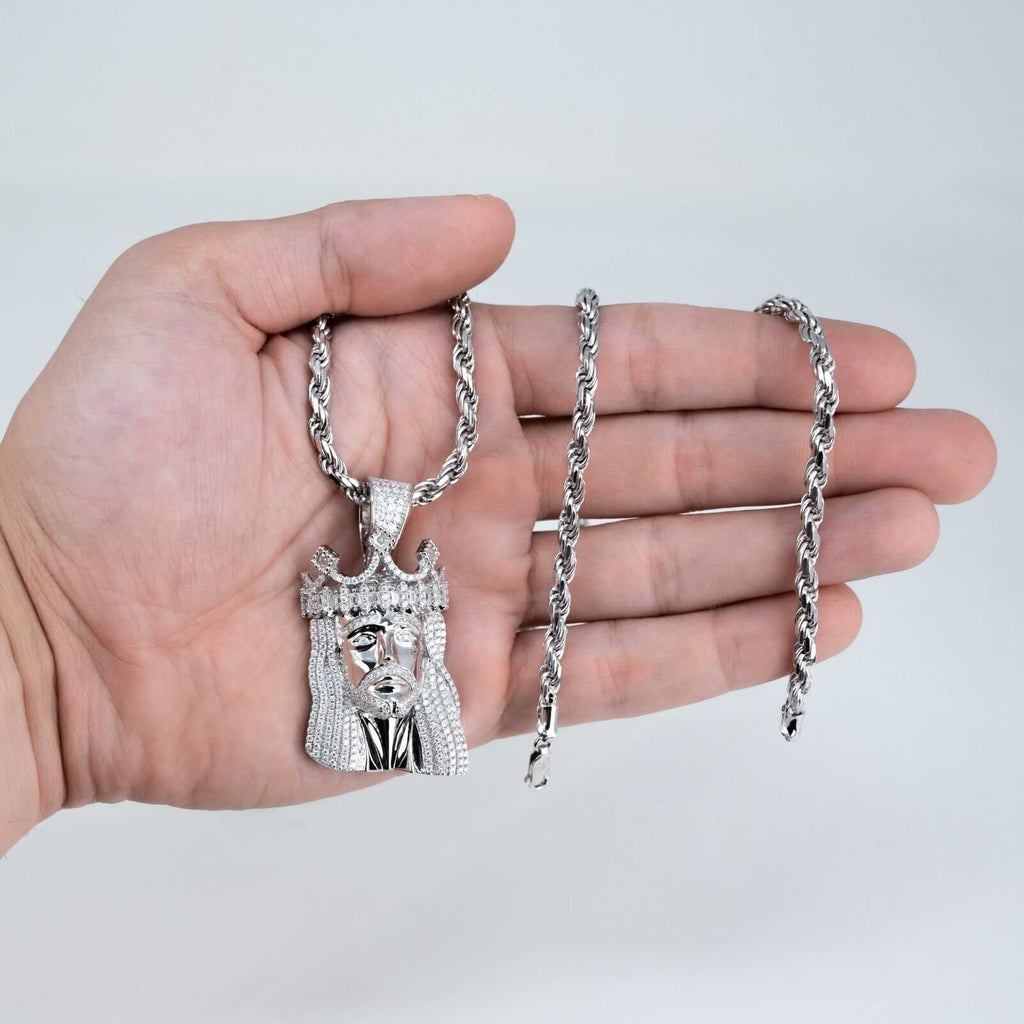 Mens Moissanite 4.5ct Jesus Piece Head Pendant w/ 4mm Rope Chain Real 925 Silver