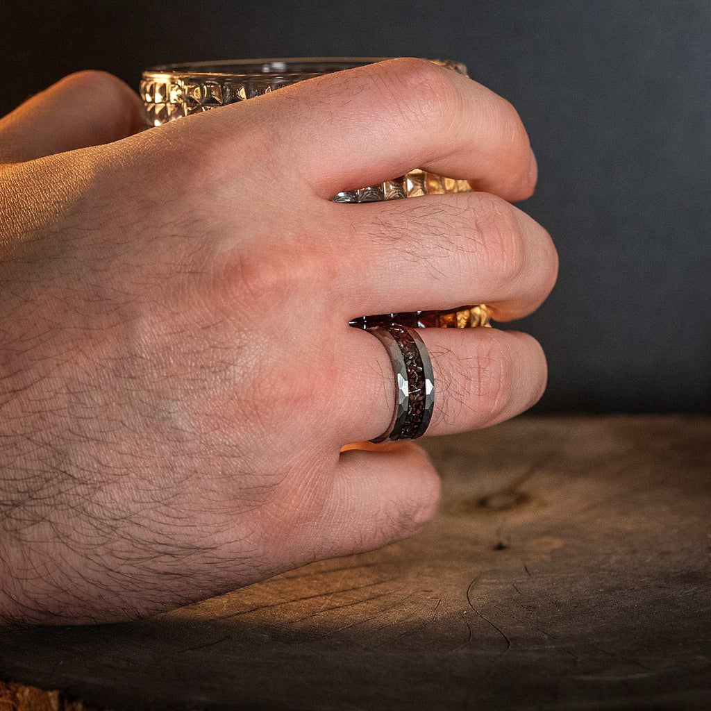 Dinosaur Bones & Meteorite Silver Hammered Tungsten Carbide Ring