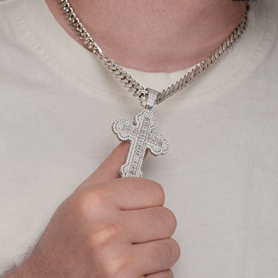 Moissanite Orthodox Cross Pendant - 925 Sterling Silver Baguette Iced Necklace