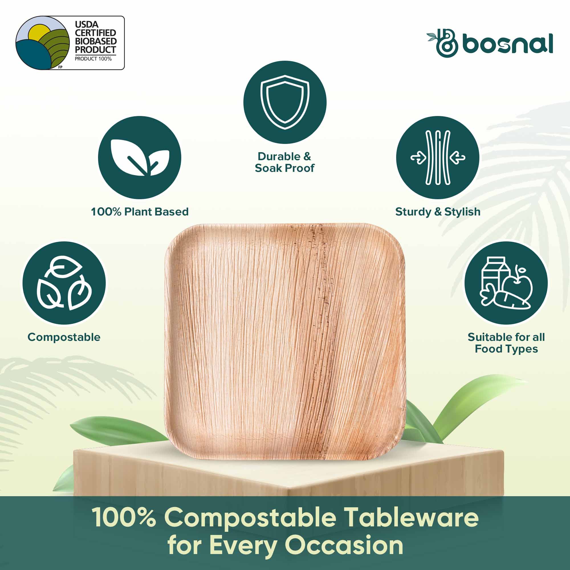 Bosnal - Palm Leaf Biodegradable Plates, 10 inch, Square