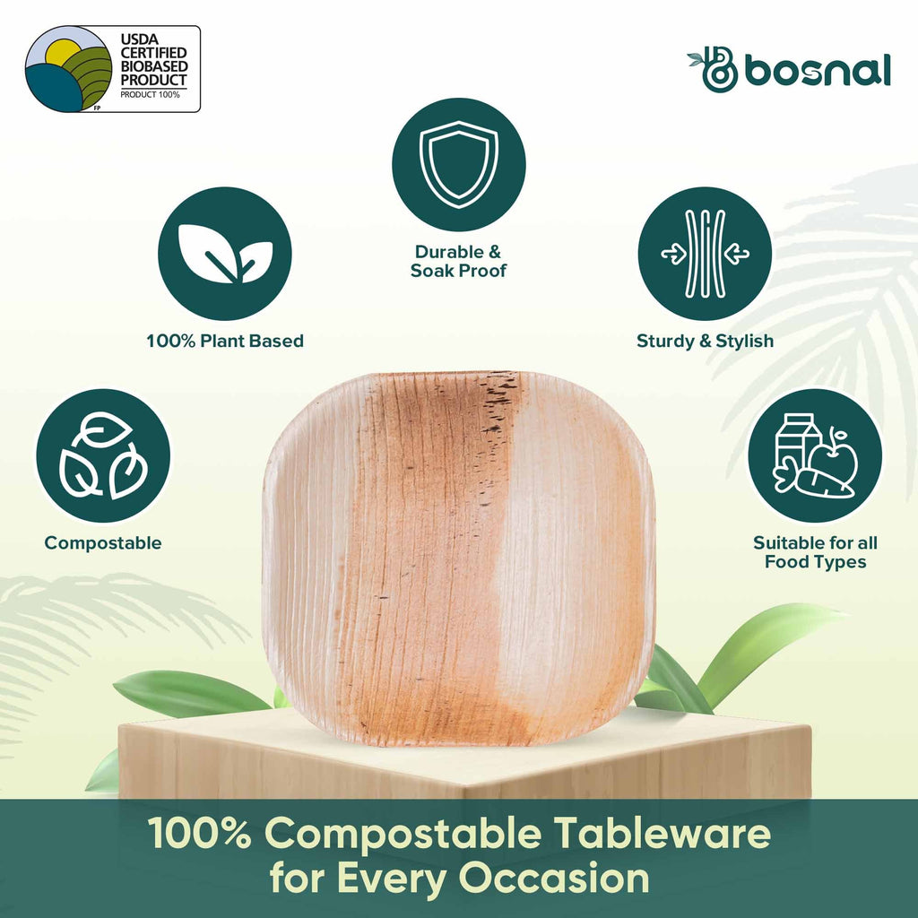 Bosnal - Palm Leaf Biodegradable Plates, 4 inch, Square