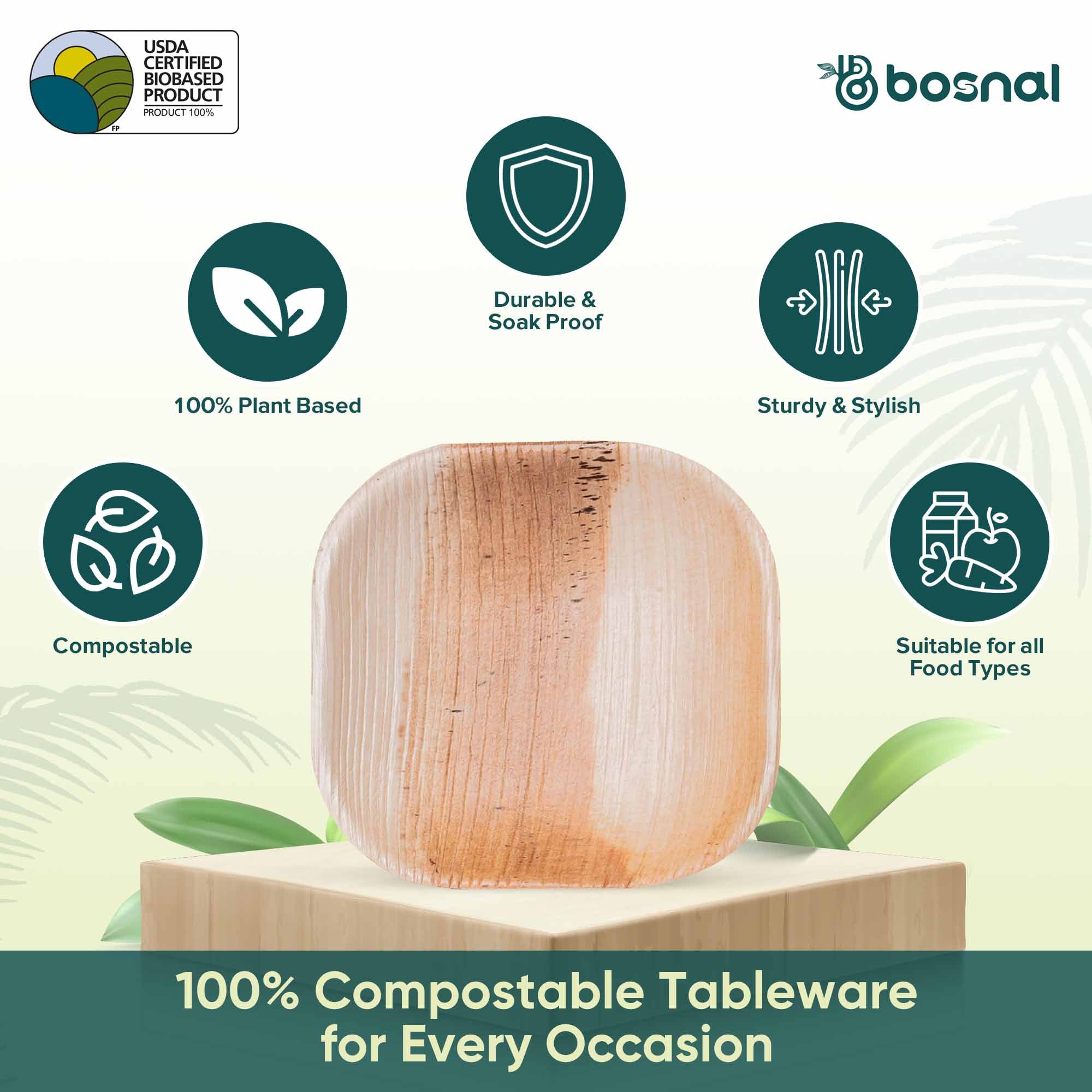 Bosnal - Palm Leaf Biodegradable Plates, 4 inch, Square