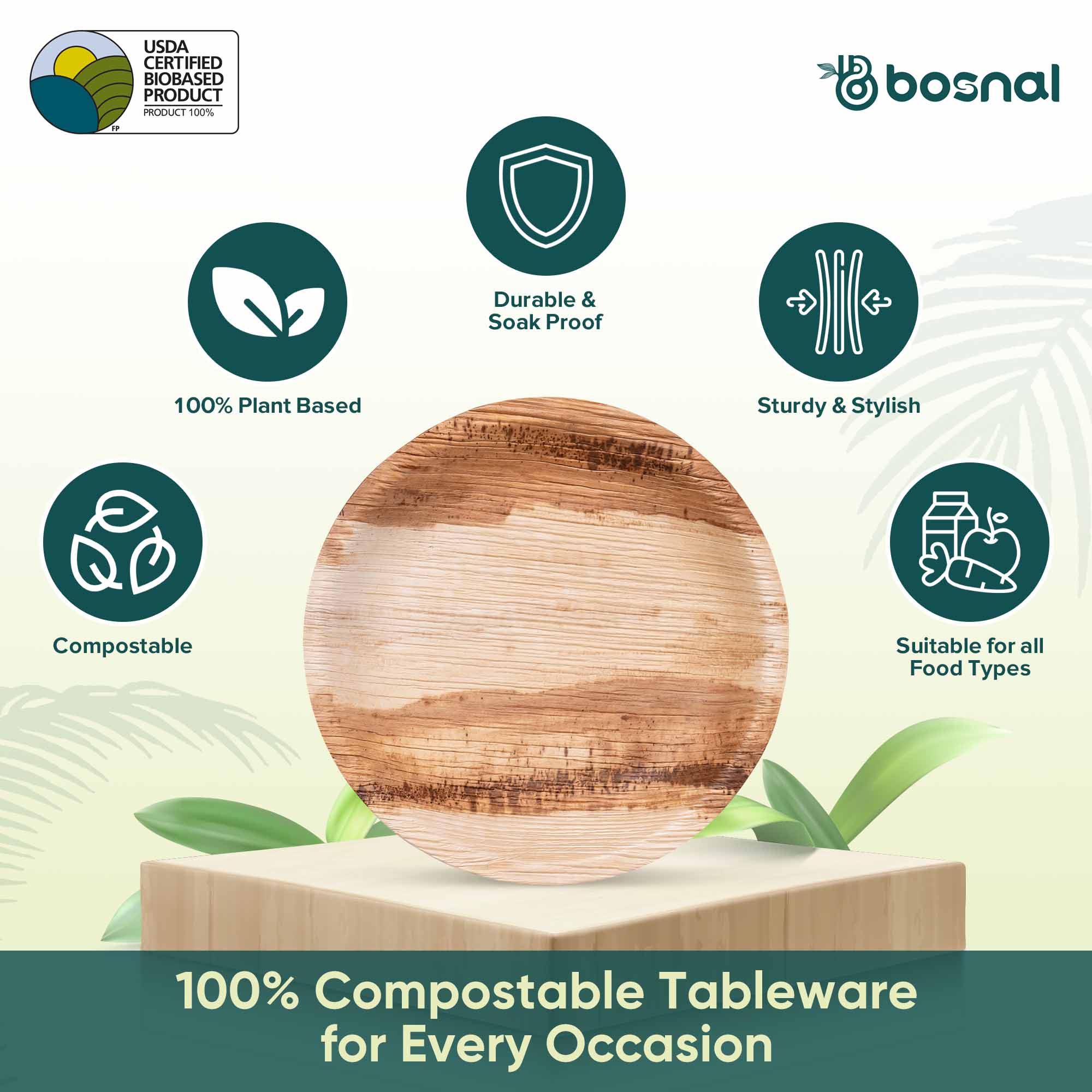 Bosnal - Palm Leaf Biodegradable Plates, 6 inch, Round
