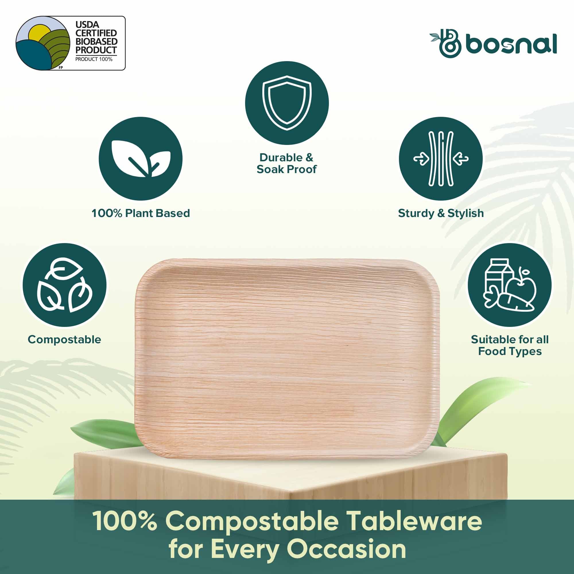 Bosnal - Palm Leaf Biodegradable Plates, 9 x 6 inch Rectangle