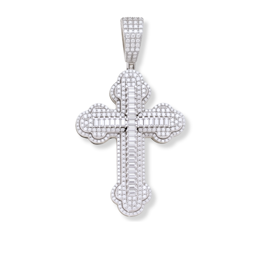 Moissanite Orthodox Cross Pendant - 925 Sterling Silver Baguette Iced Necklace