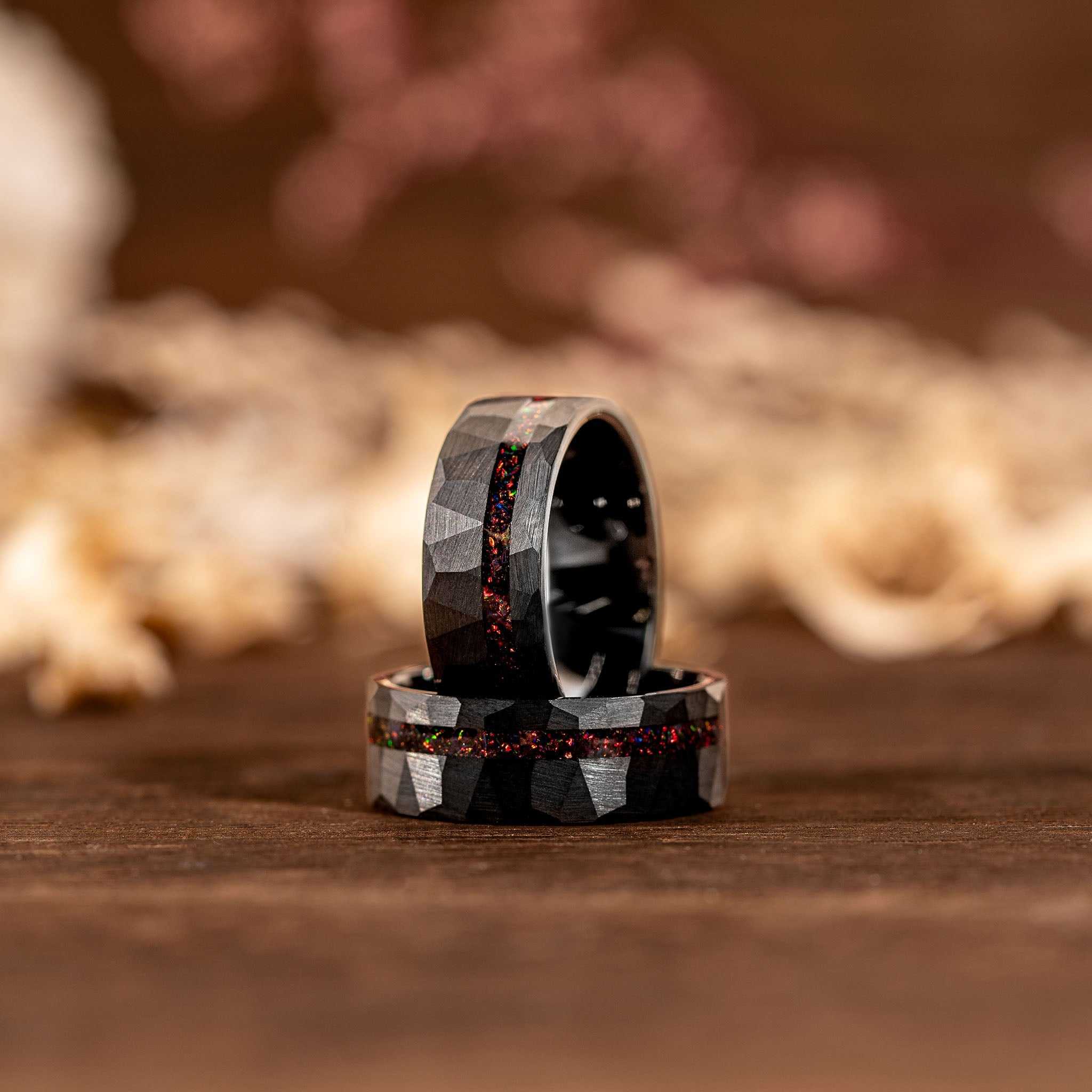 Black Hammered Tungsten Red Opal Wedding Ring