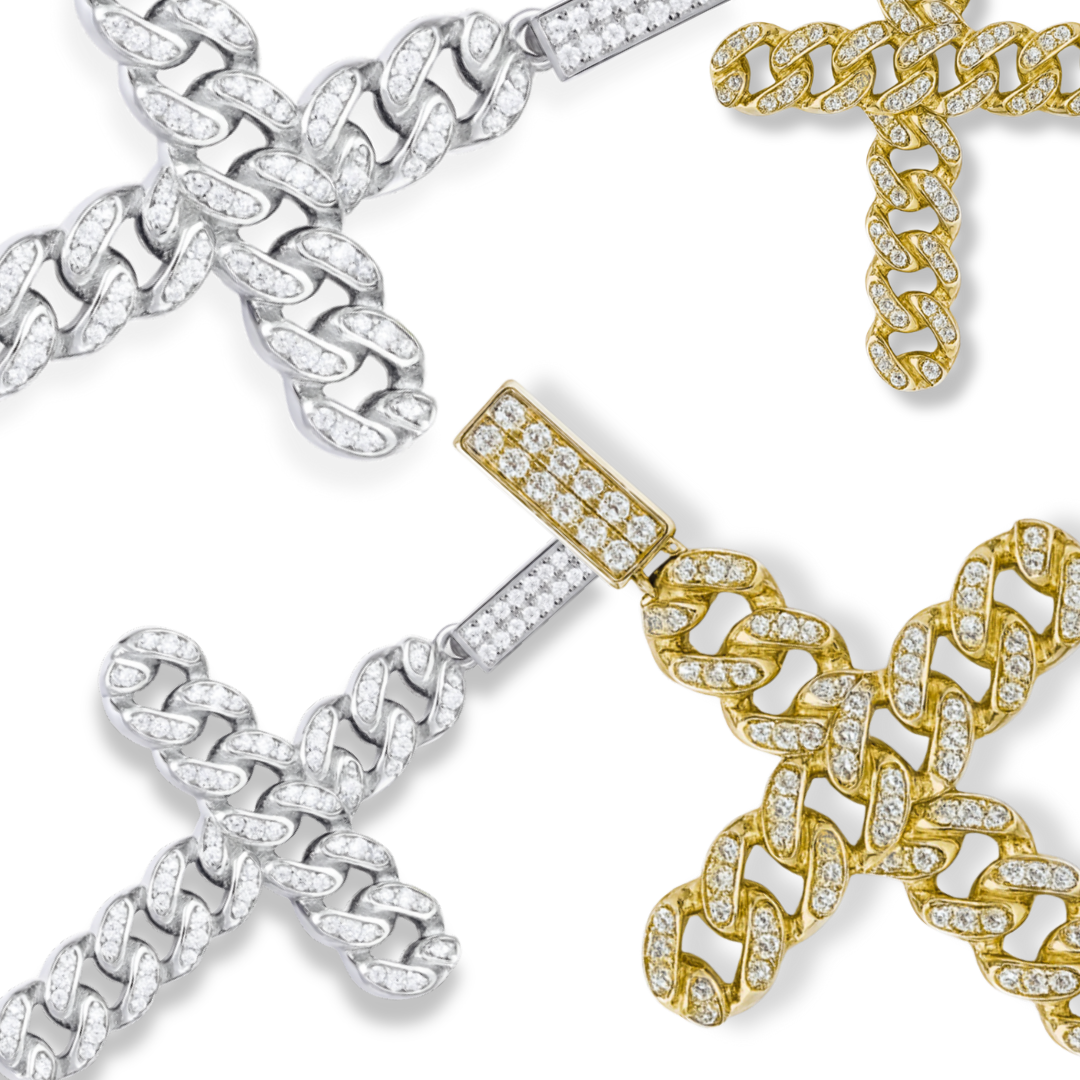 925 Sterling Silver / 14K Gold Plated Cuban Link Cross Pendant Necklace