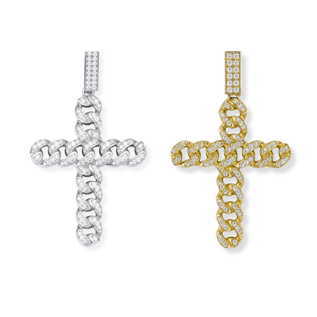 925 Sterling Silver / 14K Gold Plated Cuban Link Cross Pendant Necklace