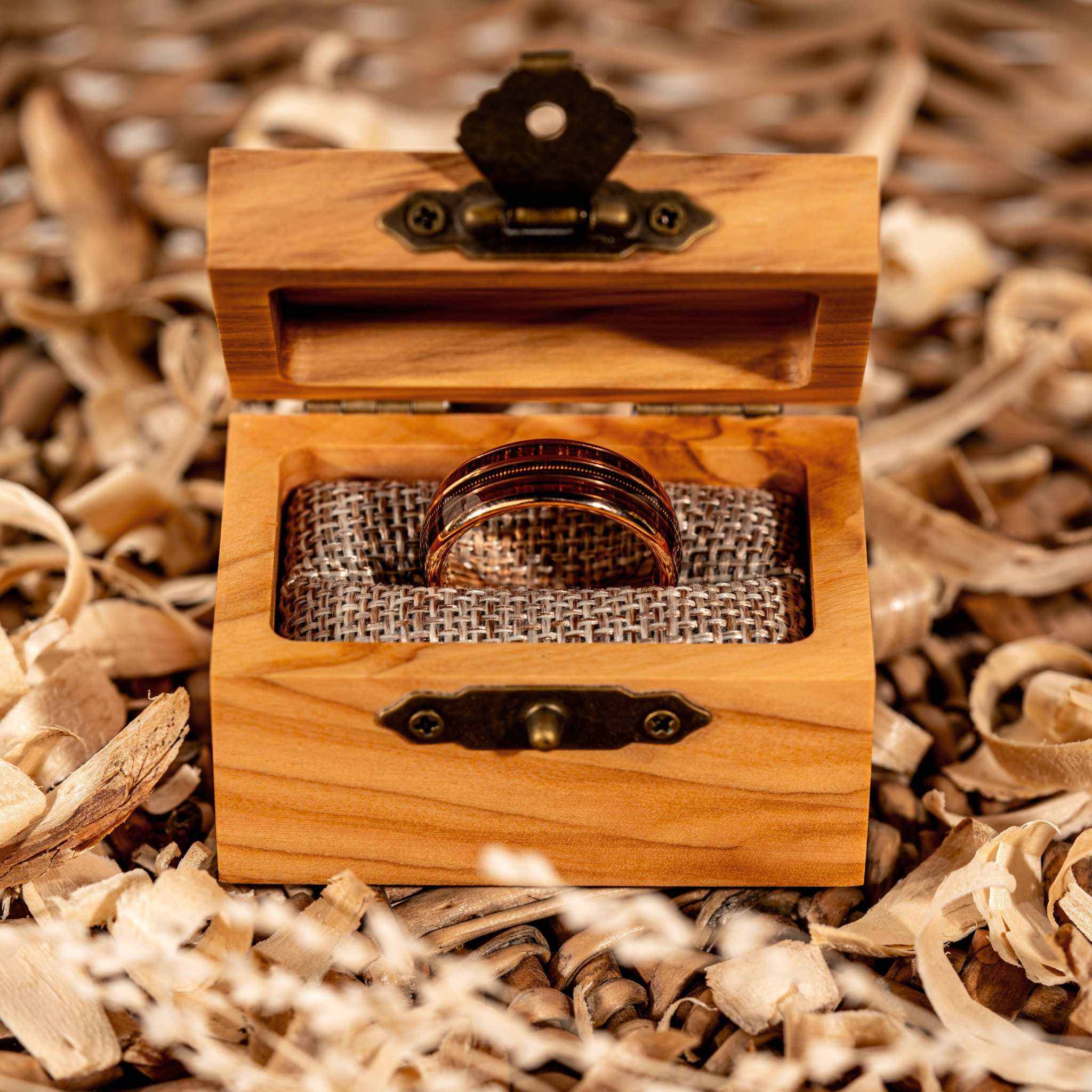 Guitar String Whiskey Barrel Wood Ring - Rose Gold Band Tungsten
