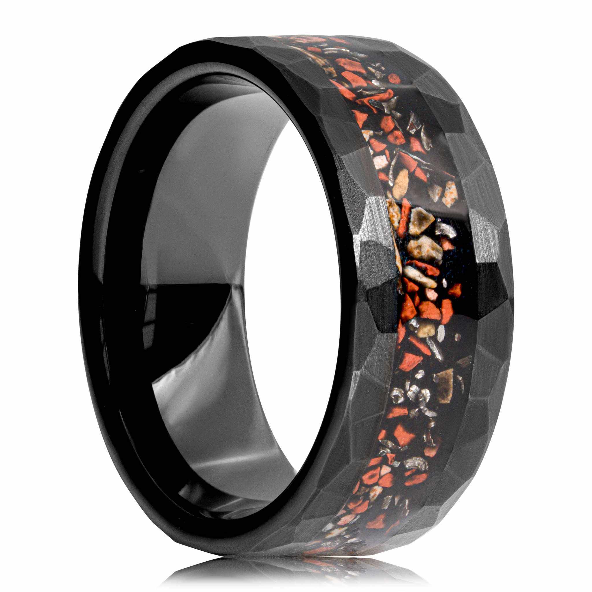 Dinosaur & Meteorite Hammered Tungsten Carbide Black Ring