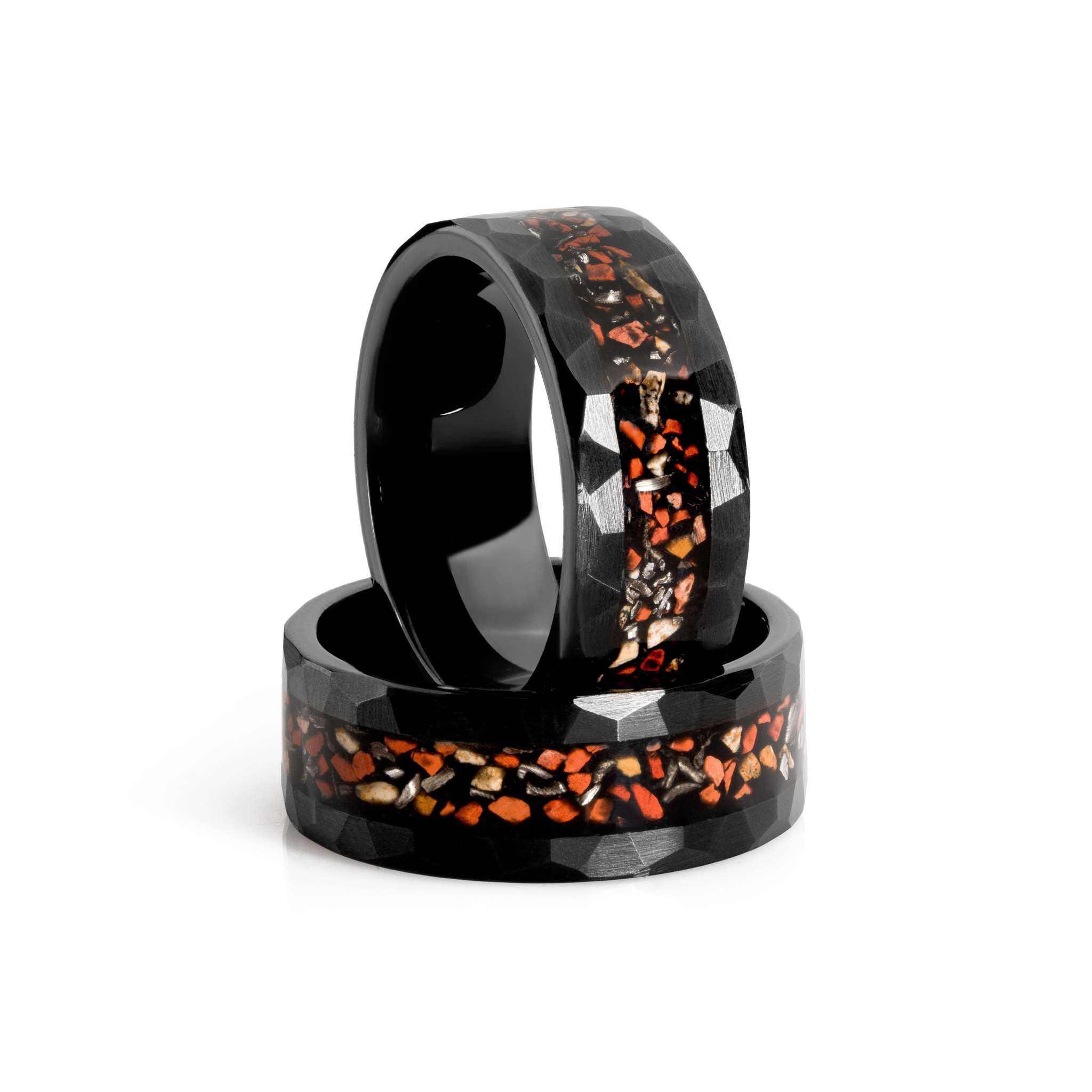 Dinosaur & Meteorite Hammered Tungsten Carbide Black Ring