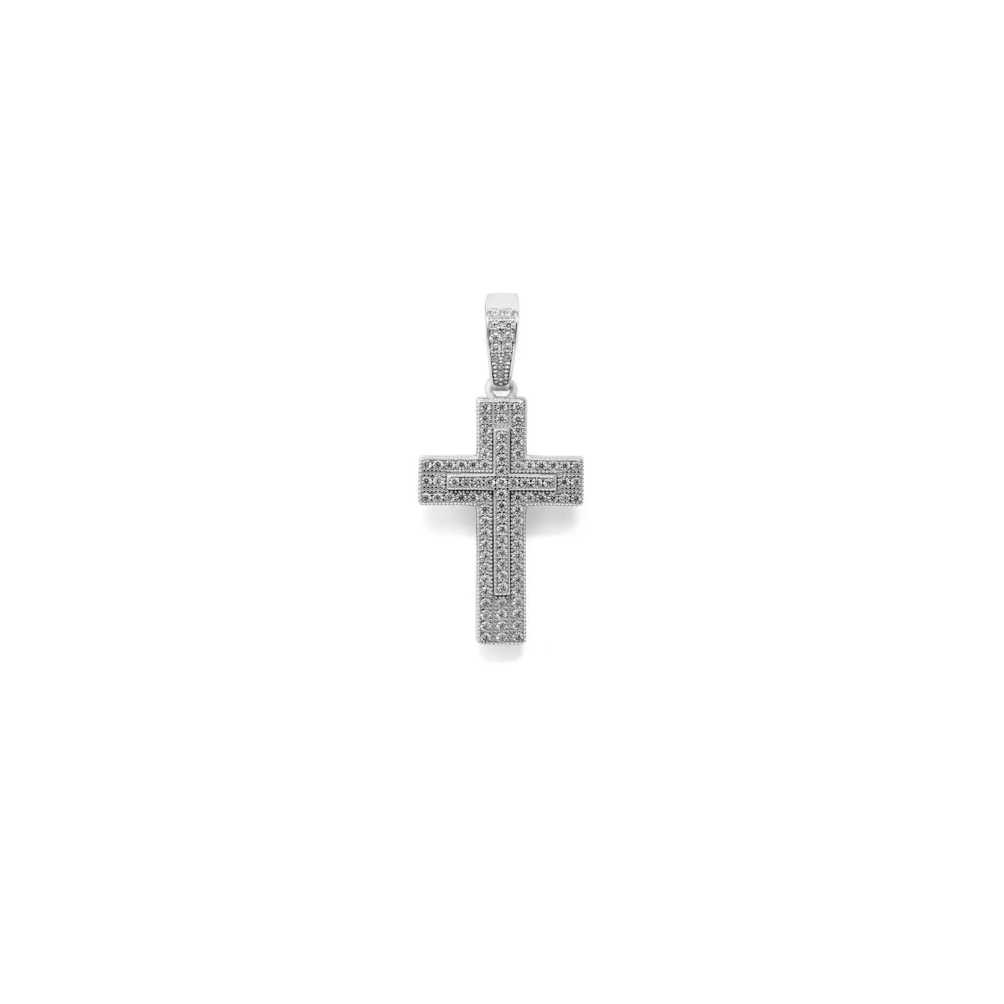 Real 925 Sterling Silver in Rhodium Finish Iced CZ Cross Crucifix Pendant Religious Small 1" Pendant Charm Gift for Him or Her