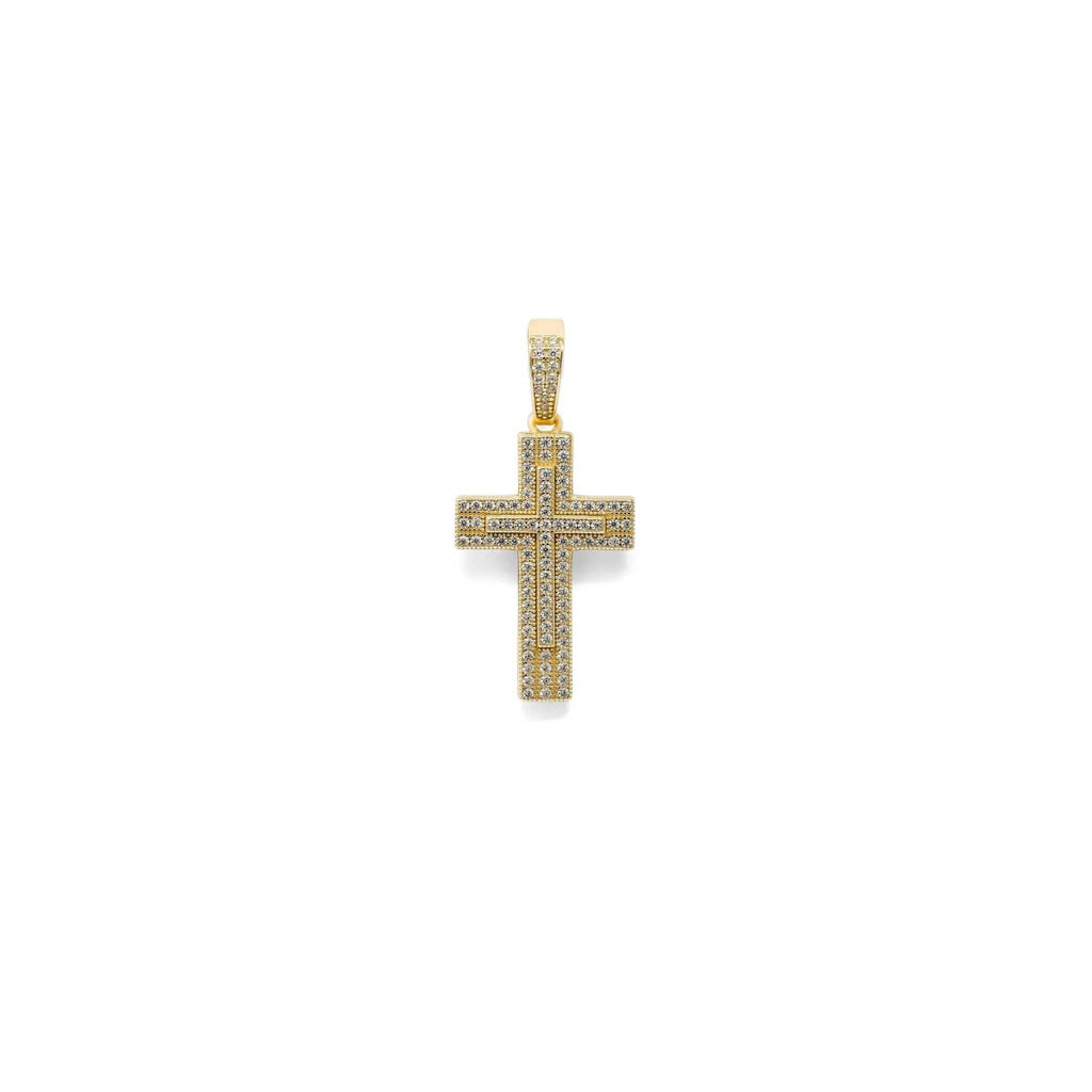 Real 925 Sterling Silver in 14K Gold Finish Iced CZ Cross Crucifix Pendant Religious Small 1" Pendant Charm Necklace Gift for Him or Her
