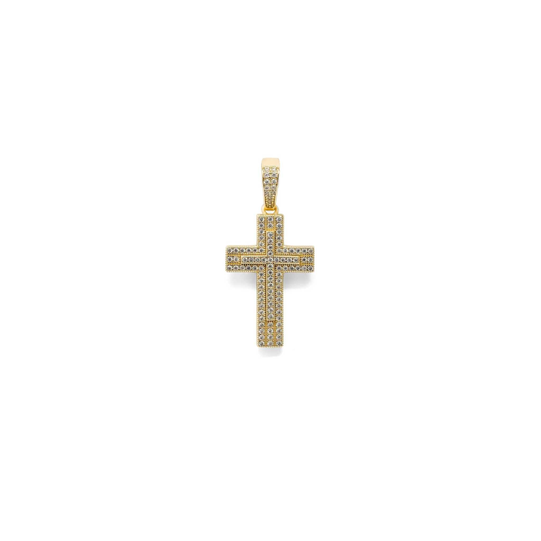 Real 925 Sterling Silver in 14K Gold Finish Iced CZ Cross Crucifix Pendant Religious Small 1" Pendant Charm Necklace Gift for Him or Her