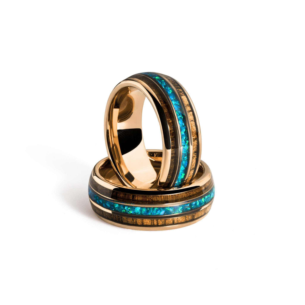 Opal Wood Inlay Rose Gold Tungsten Carbide Ring