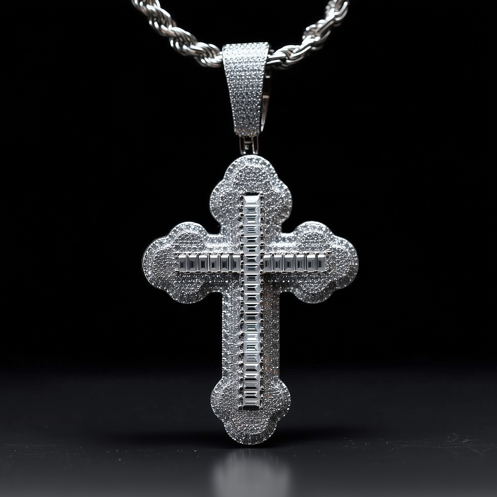 Moissanite Orthodox Cross Pendant - 925 Sterling Silver Baguette Iced Necklace