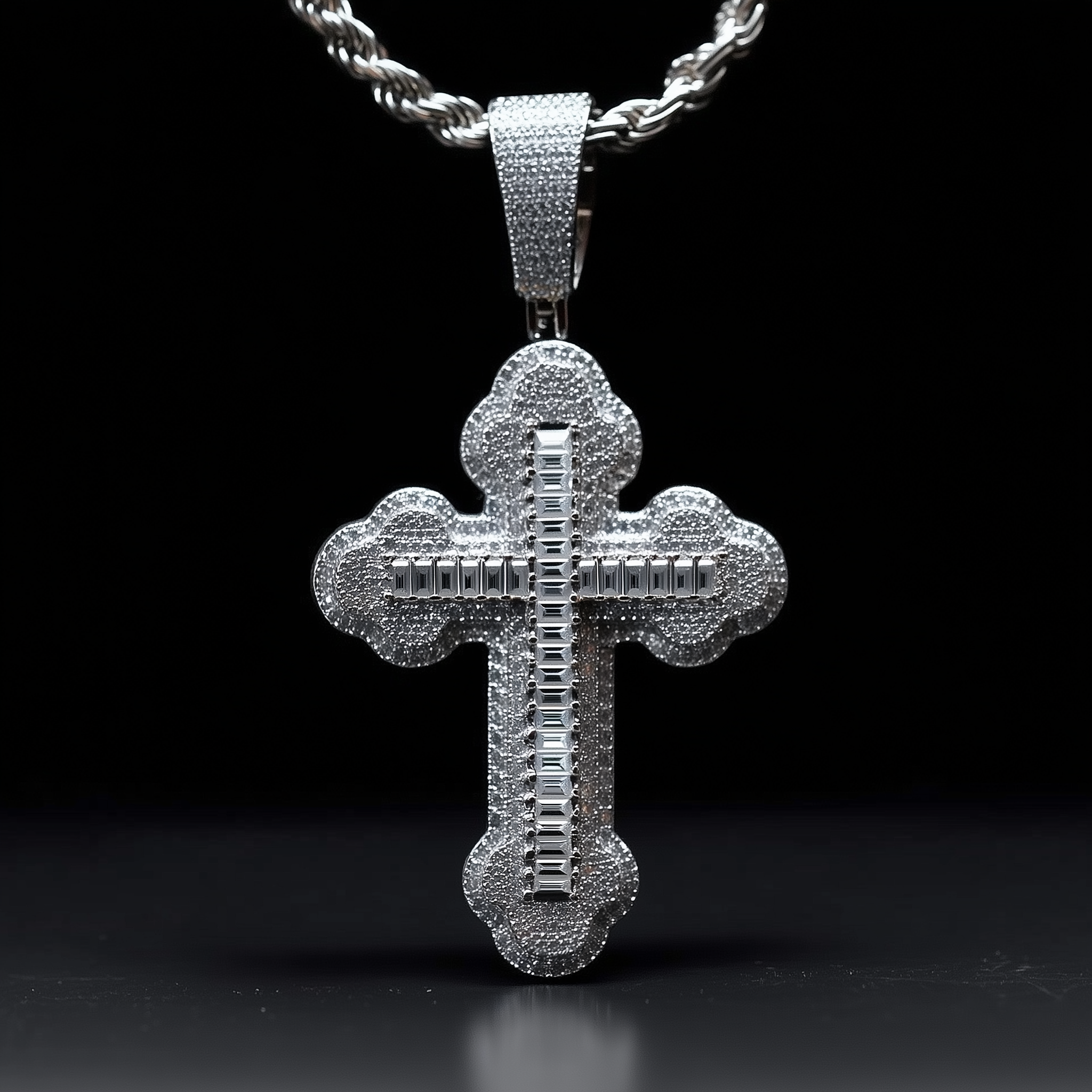 Moissanite Orthodox Cross Pendant - 925 Sterling Silver Baguette Iced Necklace