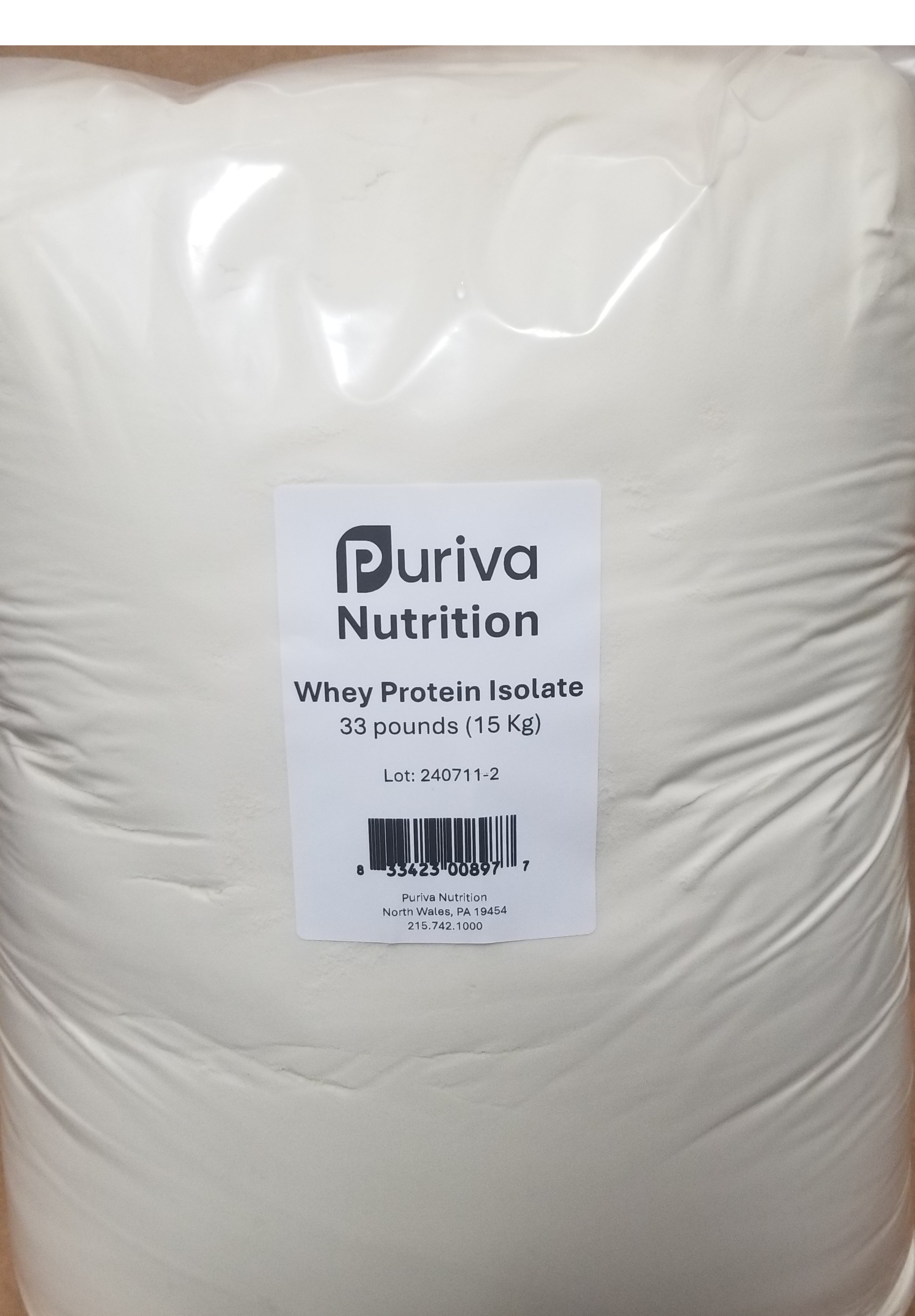 Protein powder, Whey Protein Isolate, plain, 33 pounds, Puriva Nutrition
